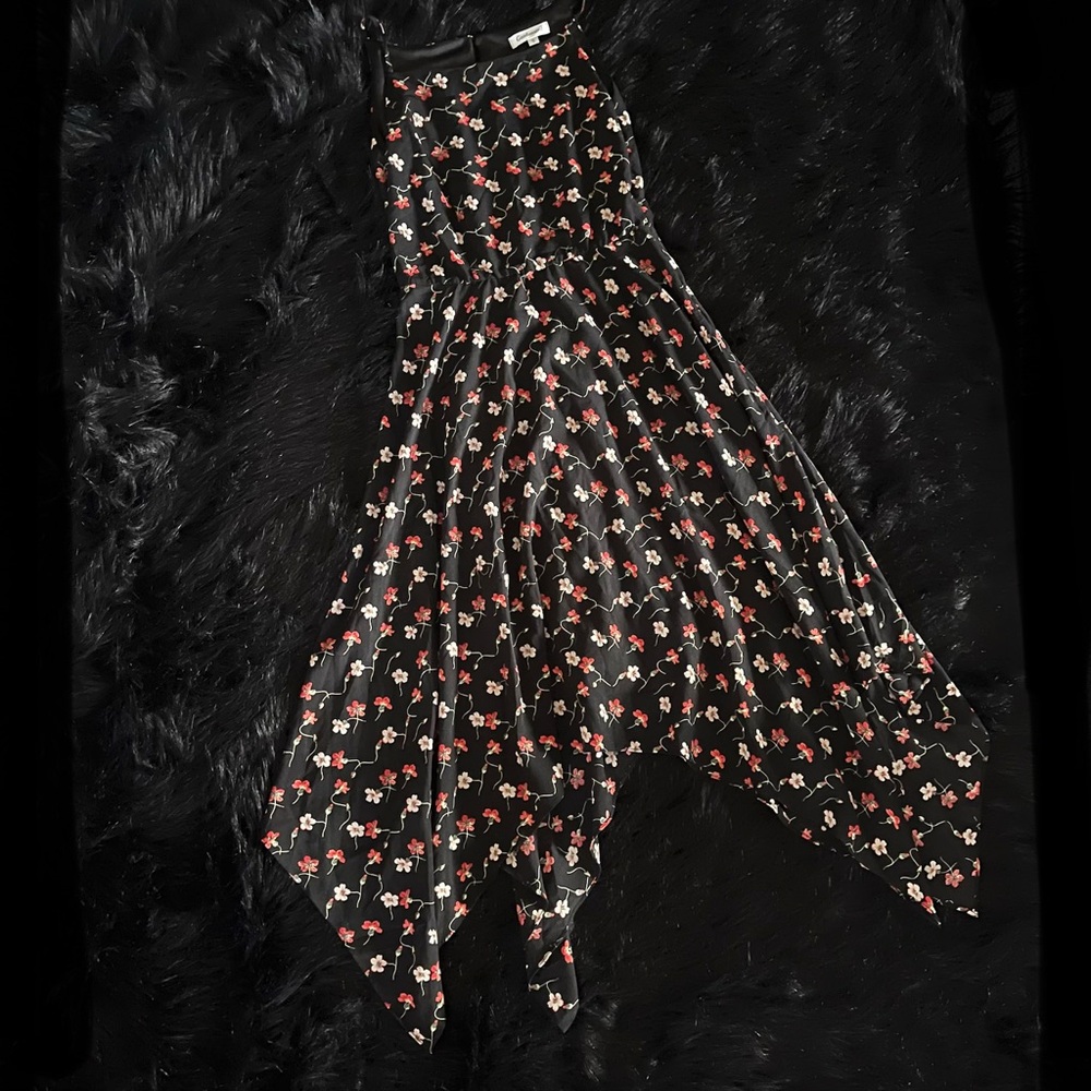 Floral Black and Red Handkerchief Hem Dress
